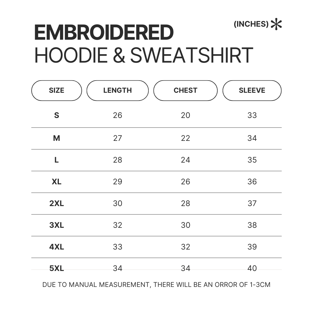 Embroidered Hoodie Sweatshirt Size Chart 1 - Dandadan Merch