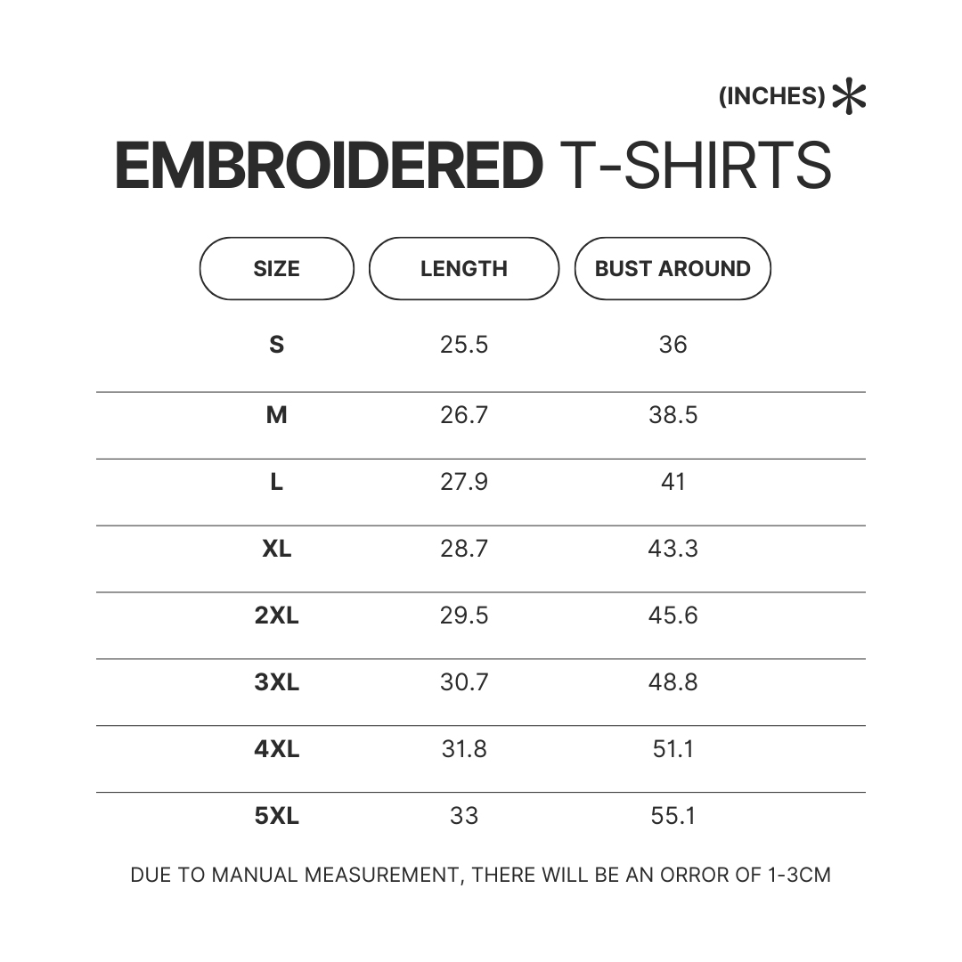 Embroidered T shirt Size Chart 1 - Dandadan Merch